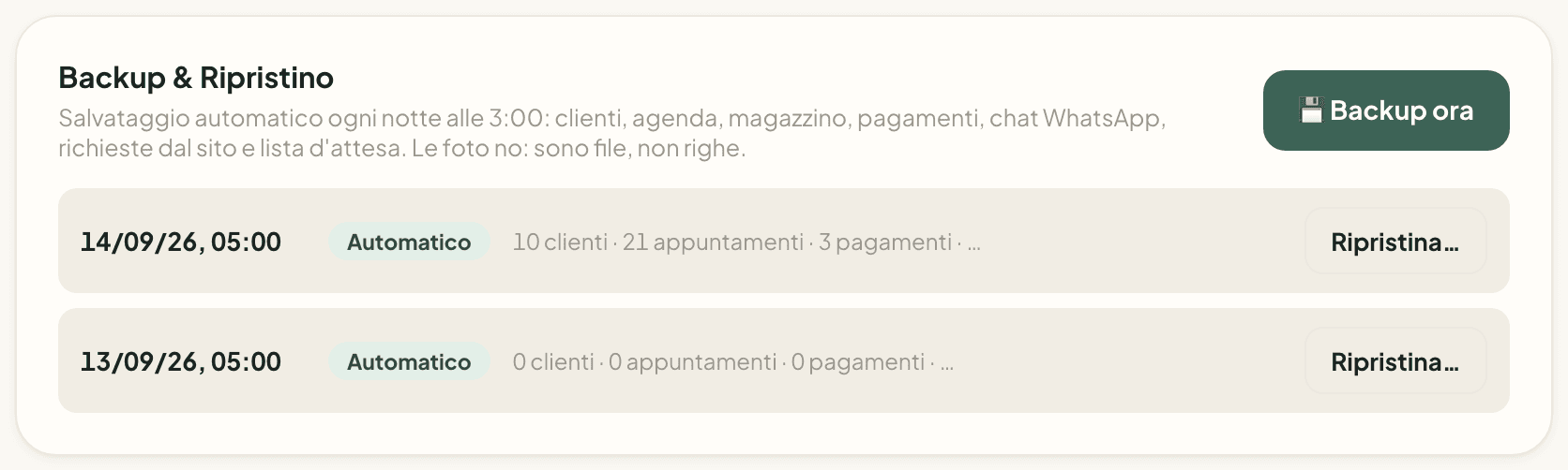 La schermata dei backup: uno ogni notte, gli ultimi trenta conservati.
